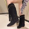 Ladies Knee-high Boots 2024 New Autumn Winter Fashion Women's Fringe Boots Large Size Outdoors Pointed Toe Square Heel Boots