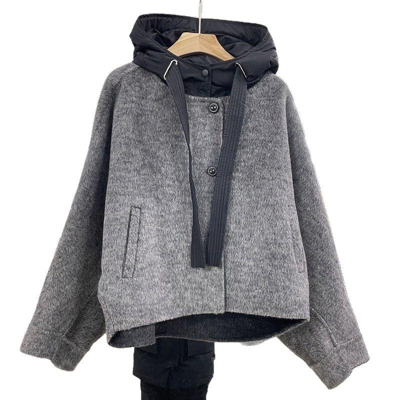 Весенне-осенняя новая шерстяная куртка Двустороннее шерстяное пальто С капюшоном Рукав летучая мышь Короткая куртка с капюшоном женская