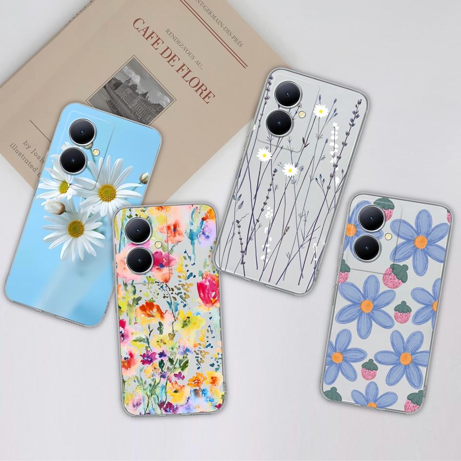 Back Cover For Vivo Y35 Plus V27 Y78 Pro Y02A Plus iQOO Neo8 Case Pretty Flower Pattern Clear Soft Silicone TPU Screen Protector Bumper For Vivo Capas