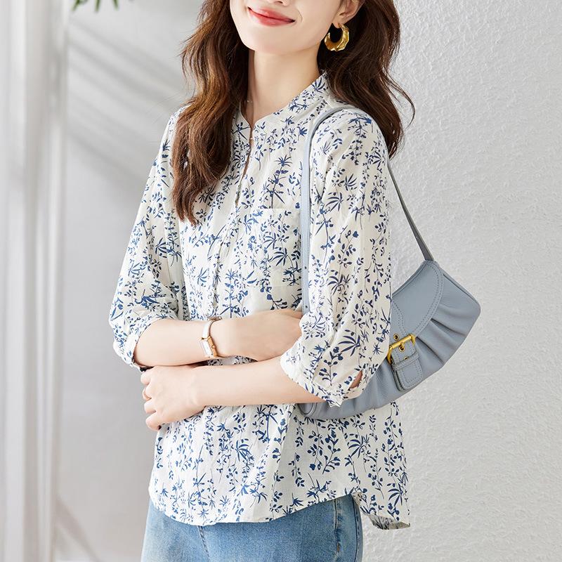 Small Floral Shirt Women's Three-quarter Sleeve Summer National Style Cotton Blouse Shirt