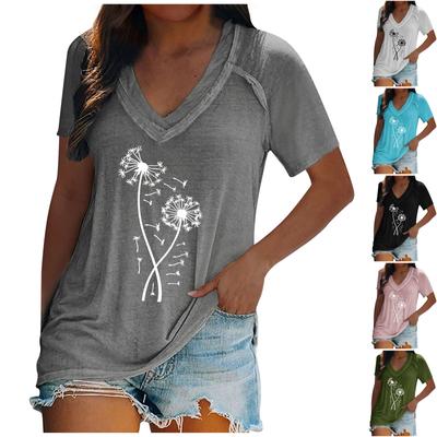 Женские топы, нарядная летняя мода, повседневная футболка с принтом, повседневная футболка с рукавом до плеча и v-образным вырезом, тонкая струящаяся туника