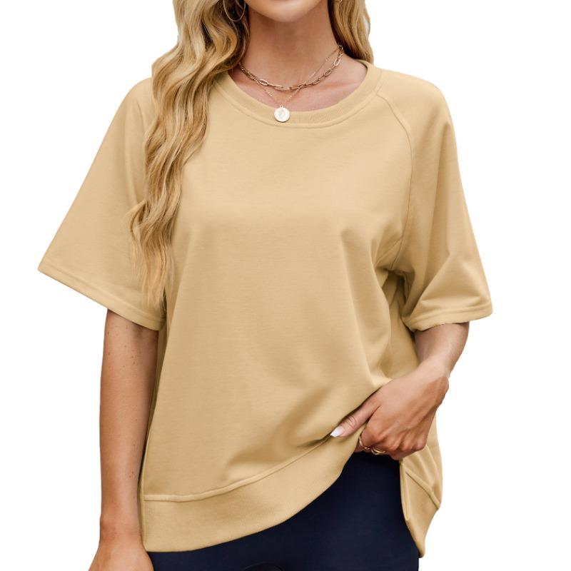 Женская весенне-летняя однотонная нить с круглым вырезом и рукавом средней длины, свободная футболка с капюшоном