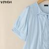 VONDA Summer Women O Neck Puff Sleeve Pleated Buttons Up Casual Blouse Tops