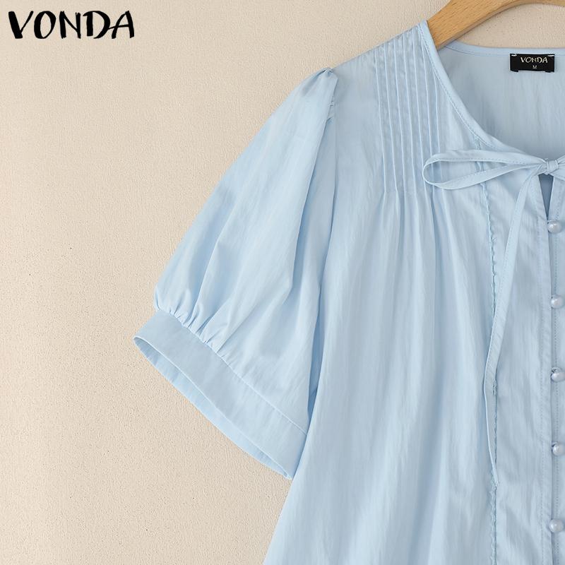 VONDA Summer Women O Neck Puff Sleeve Pleated Buttons Up Casual Blouse Tops