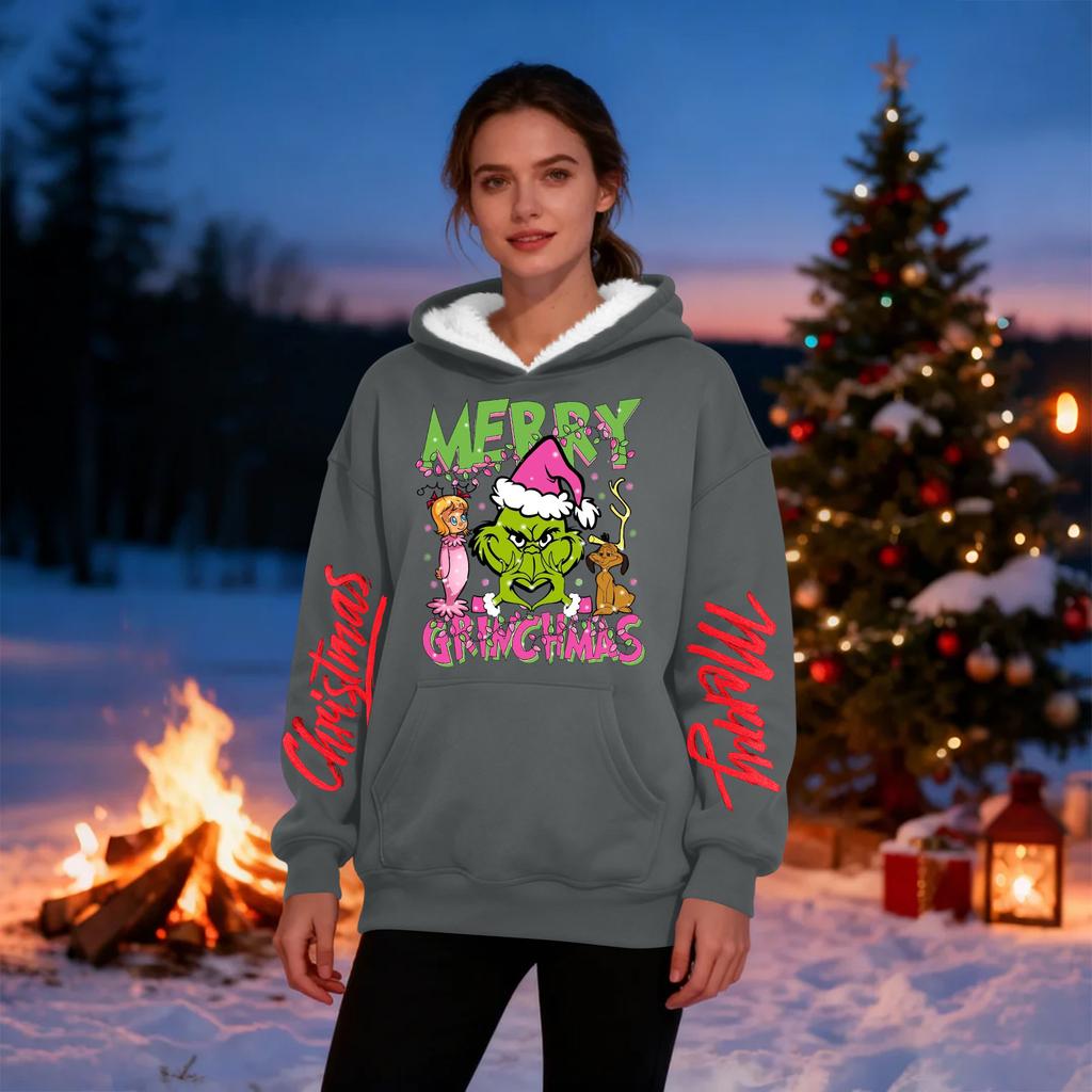 Women's Casual Fashion Plus Velvet Thickened Christmas Print Hooded Sweatshirt