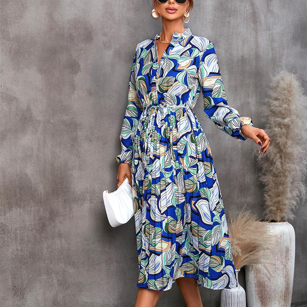 QICED Женская мода осень-зима с цветочным принтом и длинным рукавом с v-образным вырезом повседневные платья