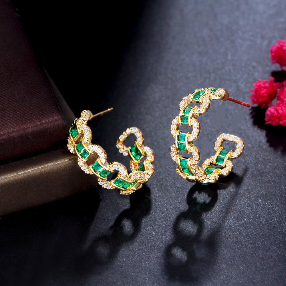 Brass Gold Plated Trendy Korean Design C-Shaped Hollow Geometric Micro-Inlaid Zircon Natural Hoop Stud Earrings Women's
