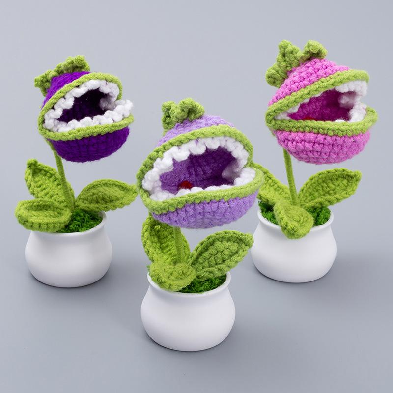 1PC Hand-Knitted Cannibal Flower Potted Crochet Ornaments Artificial Bonsai Desktop Decor