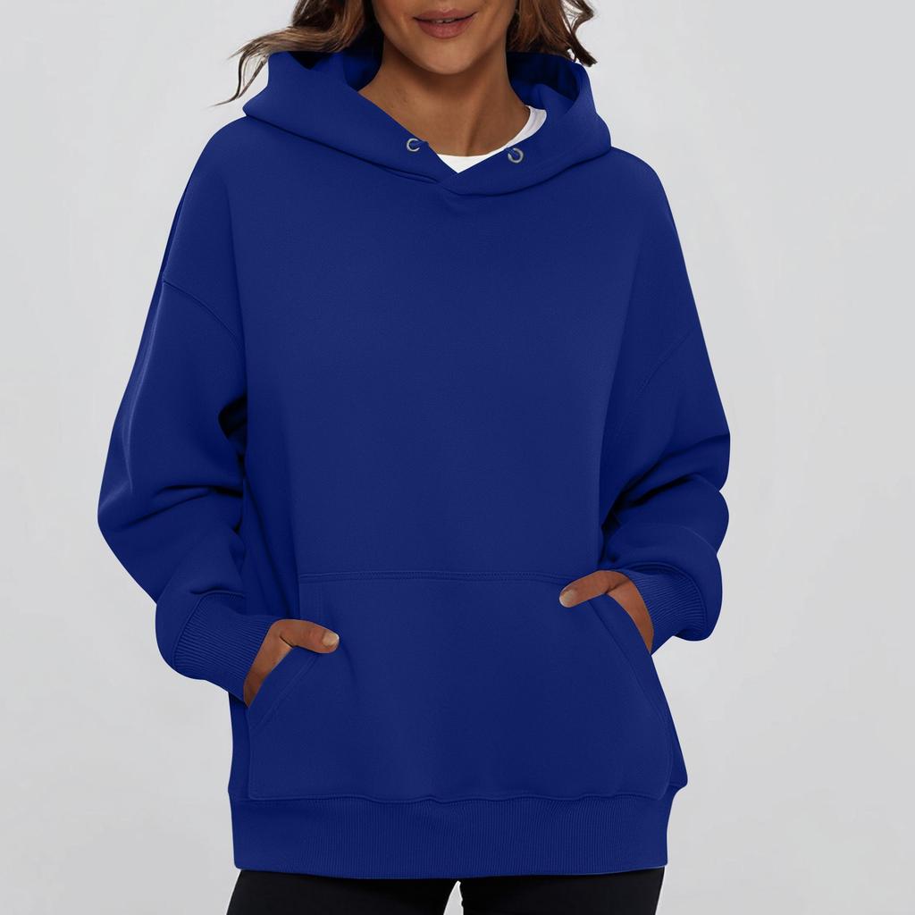 Ladies' Fashionable Solid Color Casual Hooded Pocket Long Sleeved Sweatshirt
