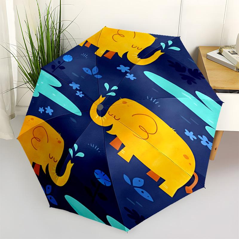 1pc Elephants, Pond Automatic Folding Umbrella - Compact 8-Rib Design, Durable Plastic & Iron, Lightweight for Outdoor Daily Use011