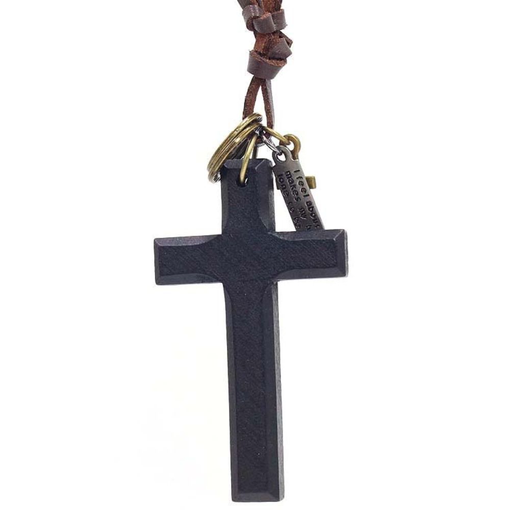 Metal Tags Wood Cross Necklace Religious Crucifix Pendant Chain Handmade Cross Necklace Christian