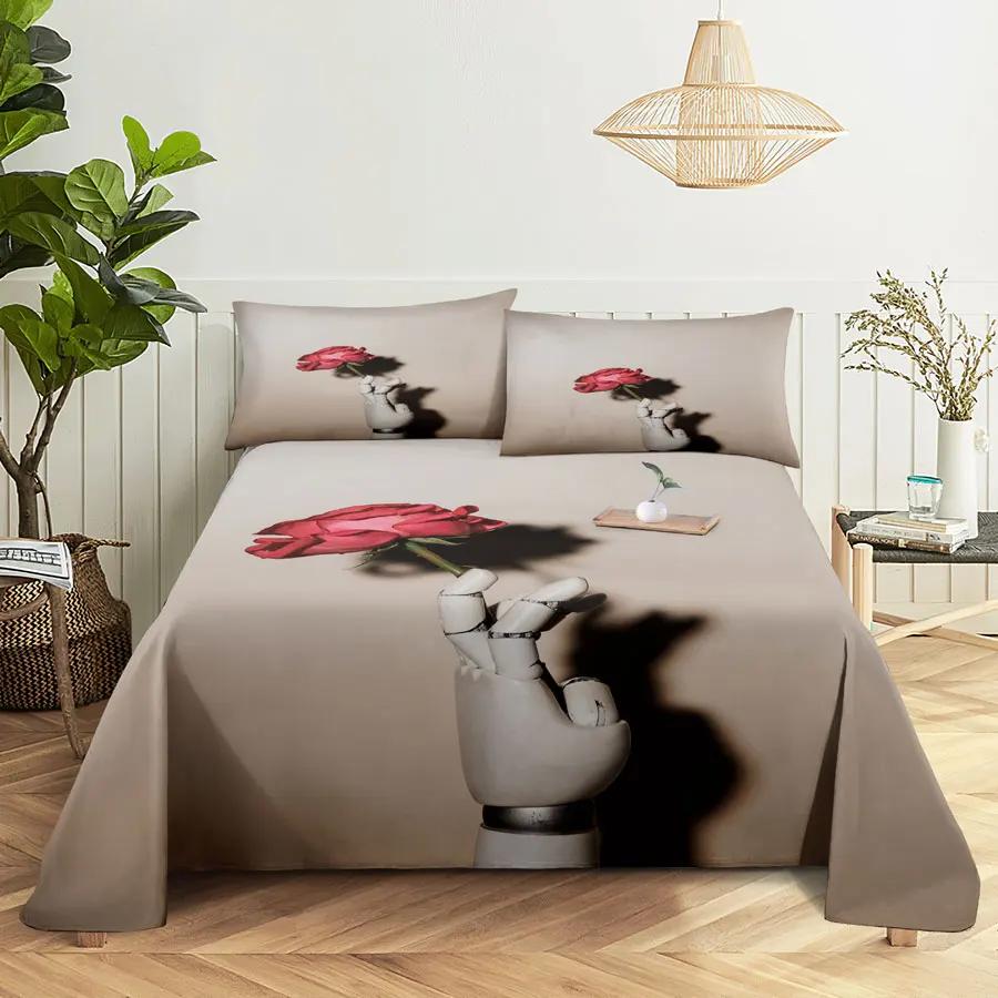 Pink Floral Bed Sheet Set Pillowcase Bedding Linens Cover Flower Queen King Twin Full Size for Single Double Bed Soft Thin