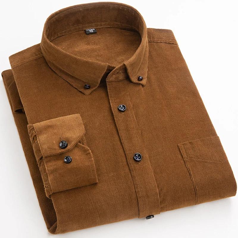 2025 Cotton Corduroy Casual Warm Solid Shirt Long Sleeve Winter Regular Fit Mens Men's Shirts with Pokets
