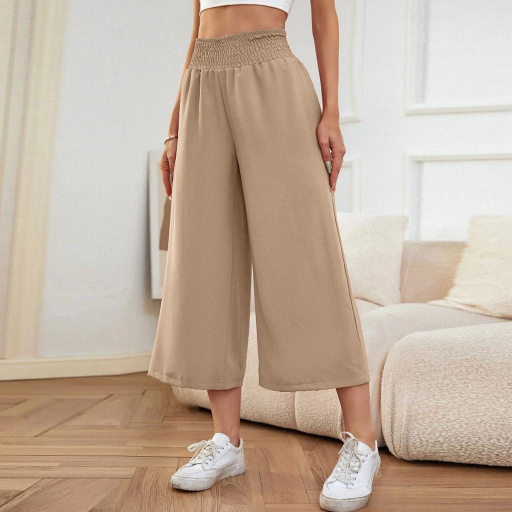 Women's Wide-leg, High-waisted Stretchy Solid Color Casual Loose Cropped Pants