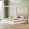 140x200cm Canopy Bed with Large Drawers and Soft Backrest, Four Poster Bed, White Wooden Bed, Strong Load Bearing