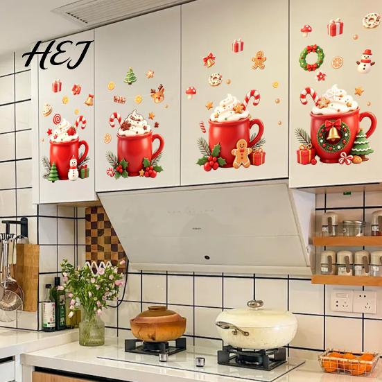 Christmas Kitchen Wall Decals 2Pcs Hot Drinks Stickers for Cabinets, Self-Adhesive Art Holiday Fridge Decorations Decor, Removable PVC Mug with