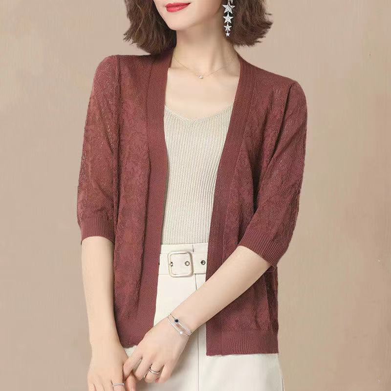 Солнцезащитная одежда женская короткая летняя вязаная кофта из ледяного шелка с открытыми рукавами и кондиционером тонкая куртка