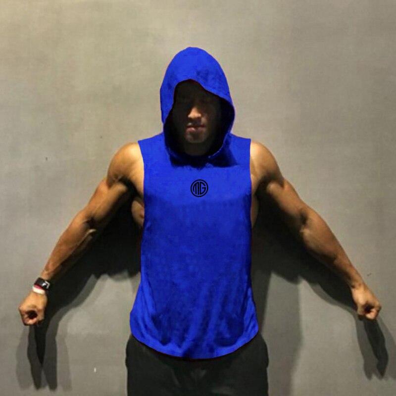 Muscleguys Летняя мужская хлопковая дышащая пот поглощающая спортивный жилет с капюшоном для фитнеса свободная футболка без рукавов