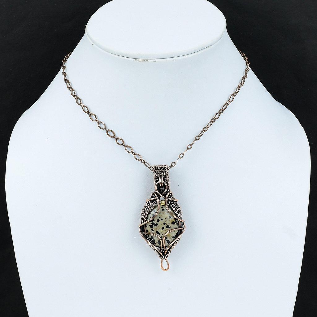 Кулон из далматинской яшмы, обернутый медной проволокой, подвеска ручной работы, драгоценный камень, медные украшения, стильный кулон для подарка, проволочная обмотка, ювелирные изделия