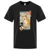 Waves And Big Cat Ukiyo E Style Funny T-Shirts Men Harajuku Loose Shirts Hip Hop Oversize T Shirts Cotton Short Sleeve 80558