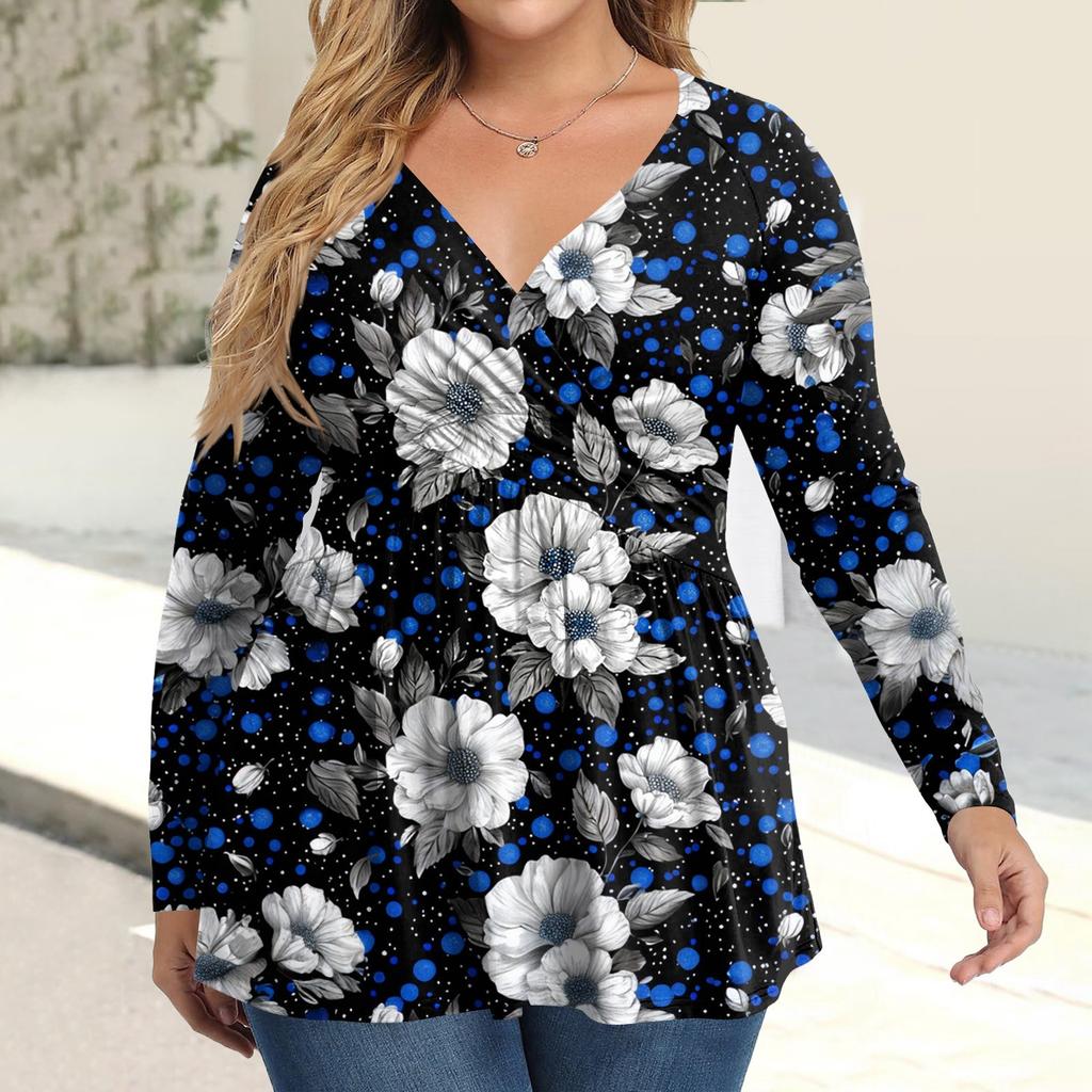 Женская рубашка большого размера с длинным рукавом, принт, плиссированный повседневный топ с V-образным вырезом