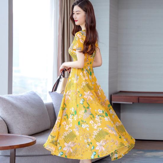 Женское летнее платье с цветочным принтом, пляжное платье длиной до середины икры с узкой талией, короткими рукавами, круглым вырезом, платье А-силуэта для вечеринки в отпуске