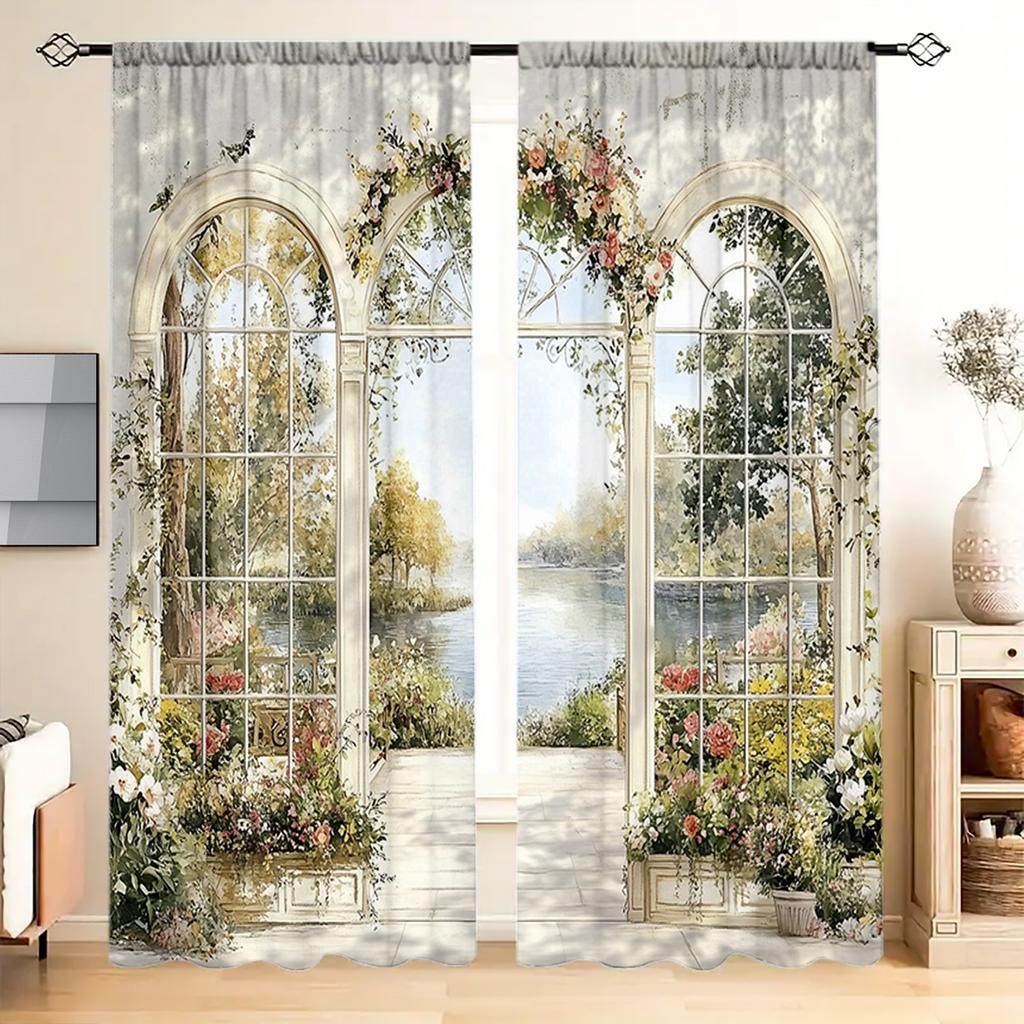 2pcs French Garden Oil Painting Printed Curtain for Home Decor - Rod Pocket Window Treatment for Bedroom, Office, Kitchen