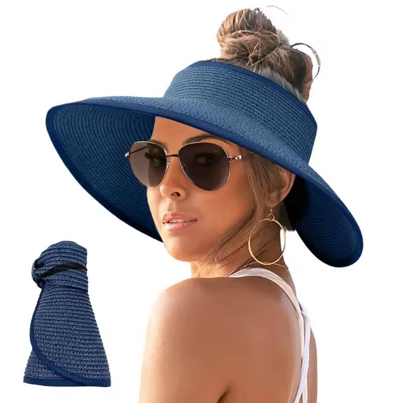 Straw Hat Women Foldable Visor Hats,Sun Visors for Women Wide Brim Straw Ponytail Summer Beach Hat
