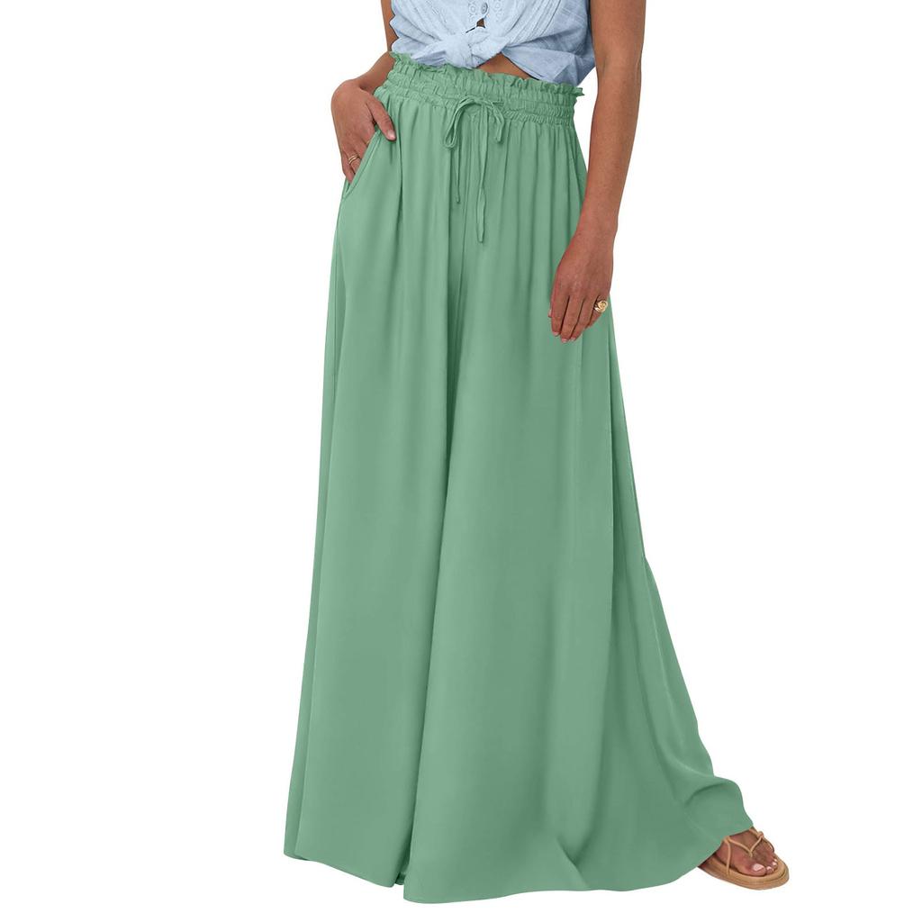 Women High Waisted Wide Leg Pants Summer Casual Flowy Palazzo Pants Solid Beach Trousers With Pocket