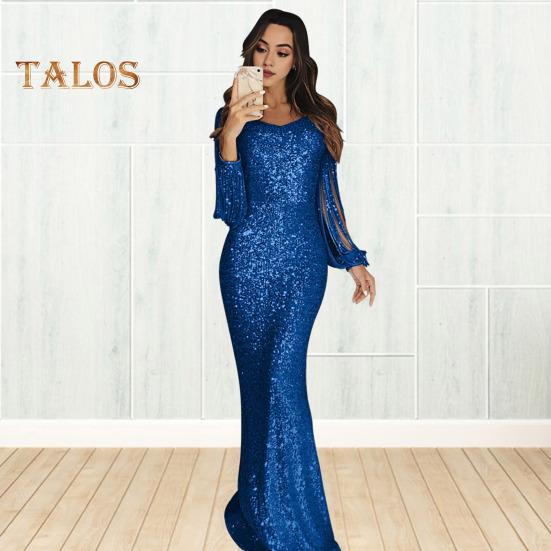 Женское платье для выпускного вечера с кисточками и рукавами-футляром, облегающее платье с V-образным вырезом, однотонное вечернее платье с блестками и рыбьим хвостом, коктейльное платье макси