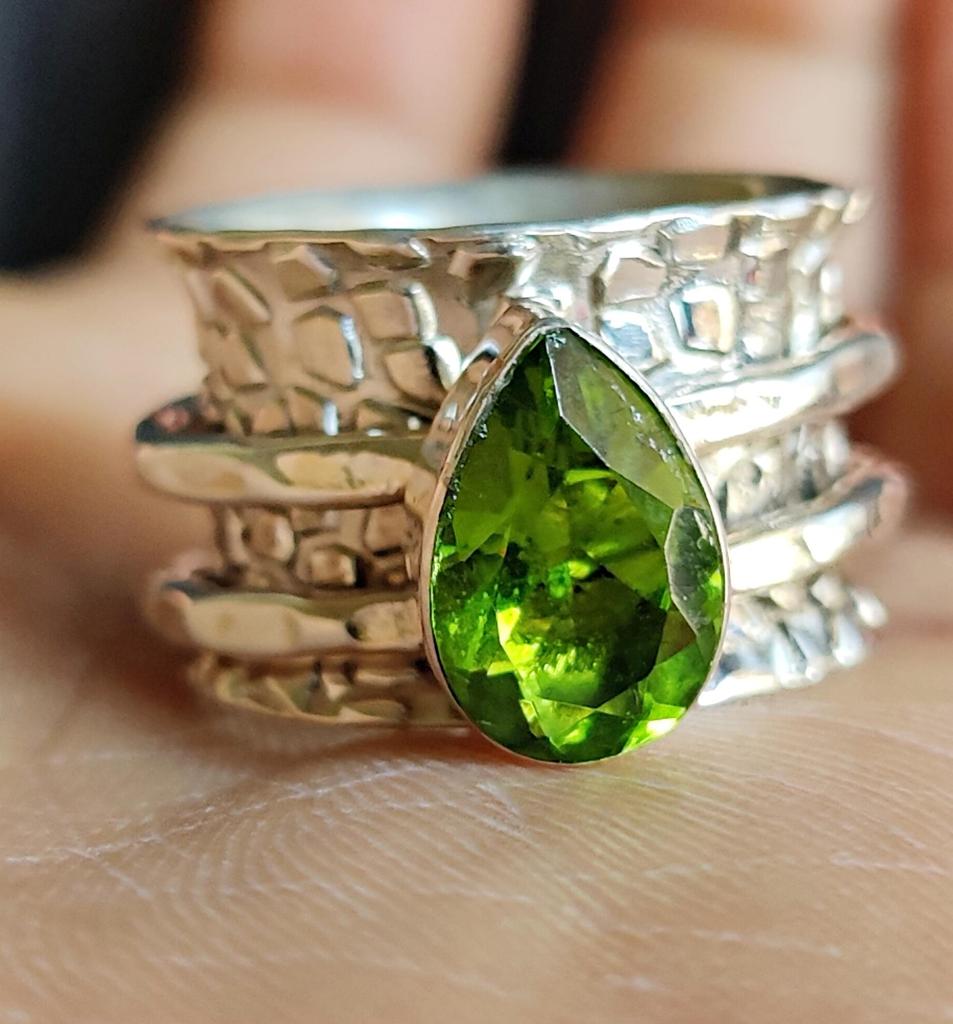 Кольцо-спиннер с перидотом, кольцо для беспокойства, стерлинговое серебро 925 пробы, кольцо с драгоценным камнем, женское кольцо ручной работы, подарок для нее