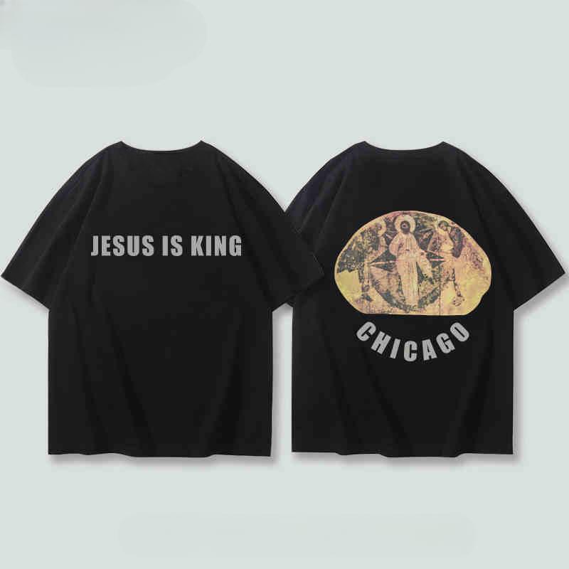 2024 New Fashion KANYE with Short Sleeve T-shirt Boys Kanye Music Festival Three Gods Religious Oil Loose Hip Hop Half Sleeve