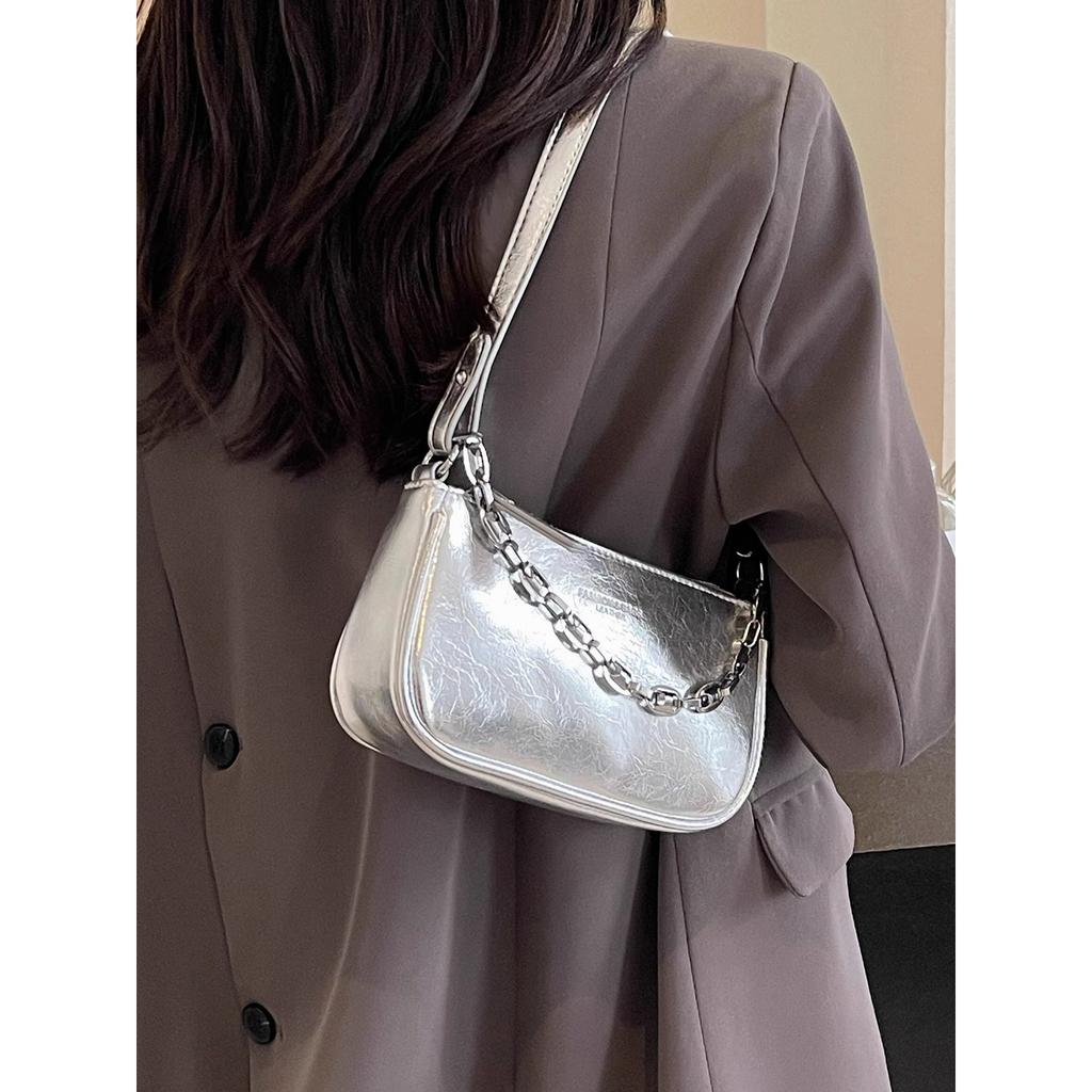 Customer Order High-end Pearlescent Silver Small Bag Women's 2025 New Versatile Shoulder Mahjong Bag Underarm Bag Messenger Bag