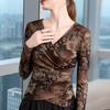 Coffee-colored Mesh Top New Autumn Long-sleeved V-neck T-shirt for Women Tie-dye Thin Base Shirt