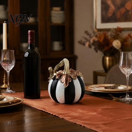 Hand Painted Retro Style Decor Black And White Striped Pumpkin Ornament, Resin Three Dimensional Sculpture Tabletop Centerpiece, Halloween Ornament