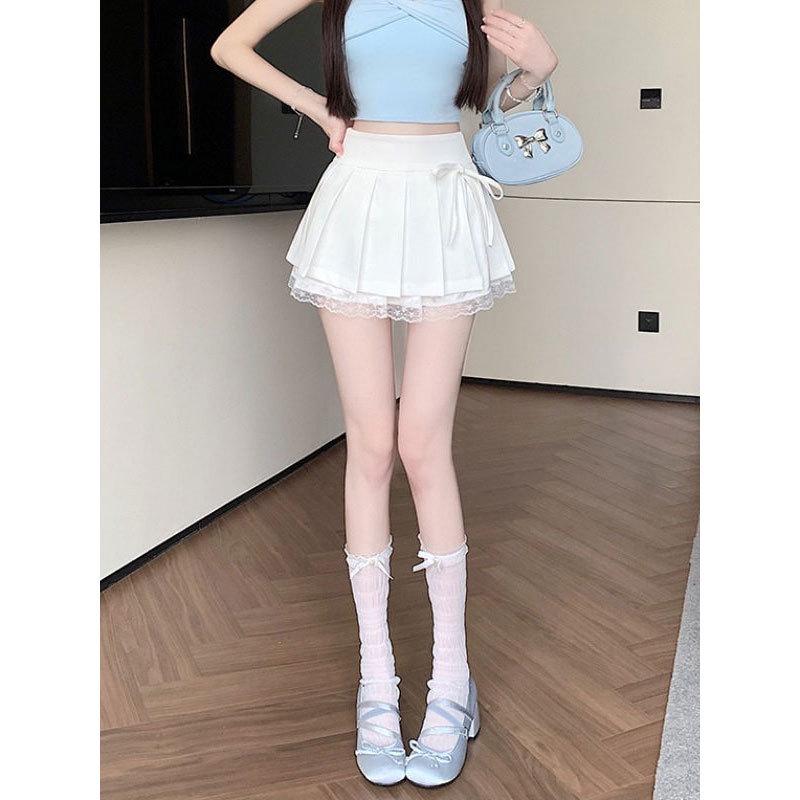 Pure Desire Pleated Lace-Trim A-line Mini Skirt - Women's Autumn Niche Style