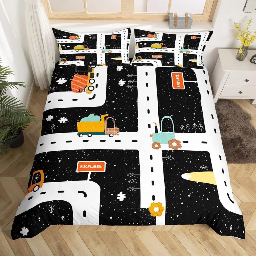 Детский мультяшный комплект пододеяльника с принтом машинок, комплект постельного белья с изображением города, улицы, дороги, из микрофибры, чехол для одеяла размера твин, квин