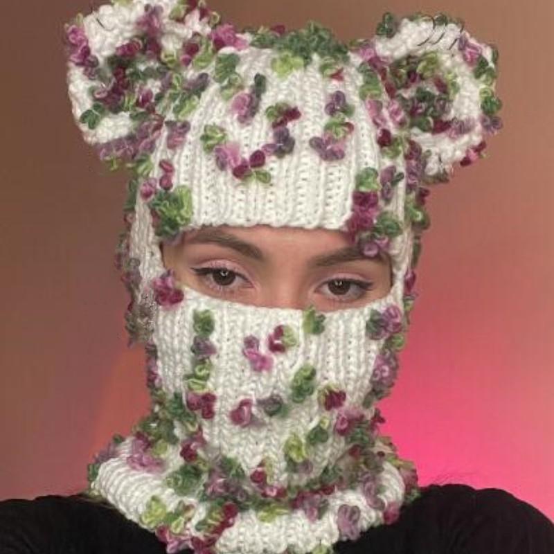 Handmade Knitted Cat Ear Pullover Hat Autumn and Winter Striped Cute Woolen Hat