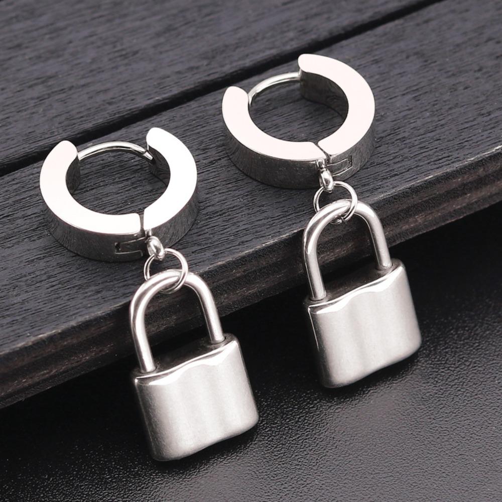 Personality Clip Earrings Lock Pendant Fashion Jewelry Cool Hoop Earrings Men