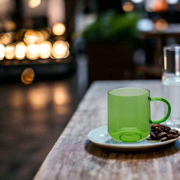 GLASS MUG FOR COFFEE AND TEA 310 ml. 8.7 cm GREEN
