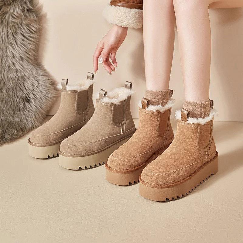 Thick-soled Snow Boots Women's 2024 Winter New Leather Heightened Cowhide Integrated Wool Thickened Warm Cotton Shoes
