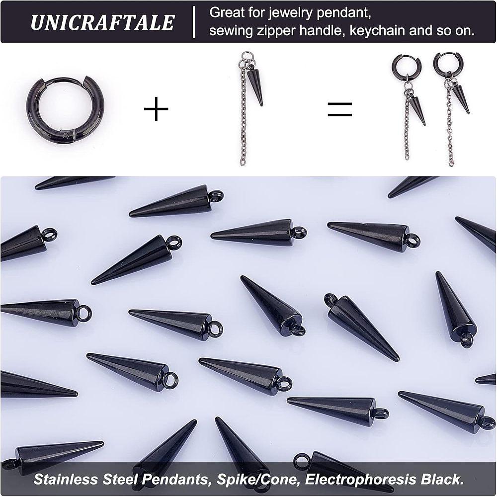 24Pcs 201 Stainless Steel Pendants Spike/Cone Electrophoresis Black 17.5x5mm Hole: 1.4mm