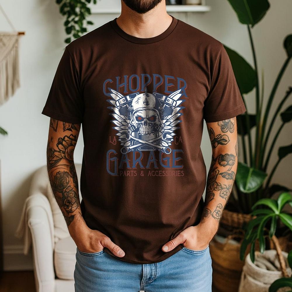 2026 New Summer Unisexs Casual Short Sleeve Cotton Tee Chopper Garage Skull Print Biker Daily Wear Streetwear