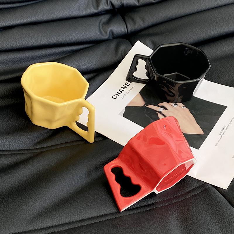 Hand Pinched Irregular Ceramic Mug Square Handle Water Cup Coffee Milk Cup Style Interesting Mug Coffee Cup Ornament