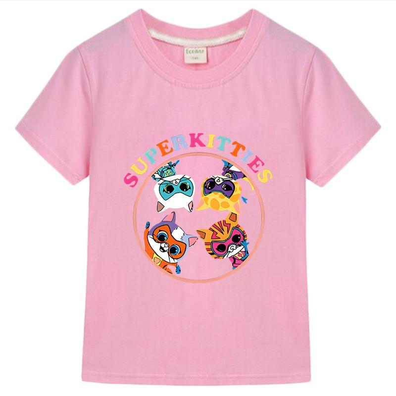 Футболка SuperKitties, короткие топы из 100% хлопка, одежда для мальчиков и девочек y2k, цельная повседневная детская одежда в стиле аниме, летняя детская одежда
