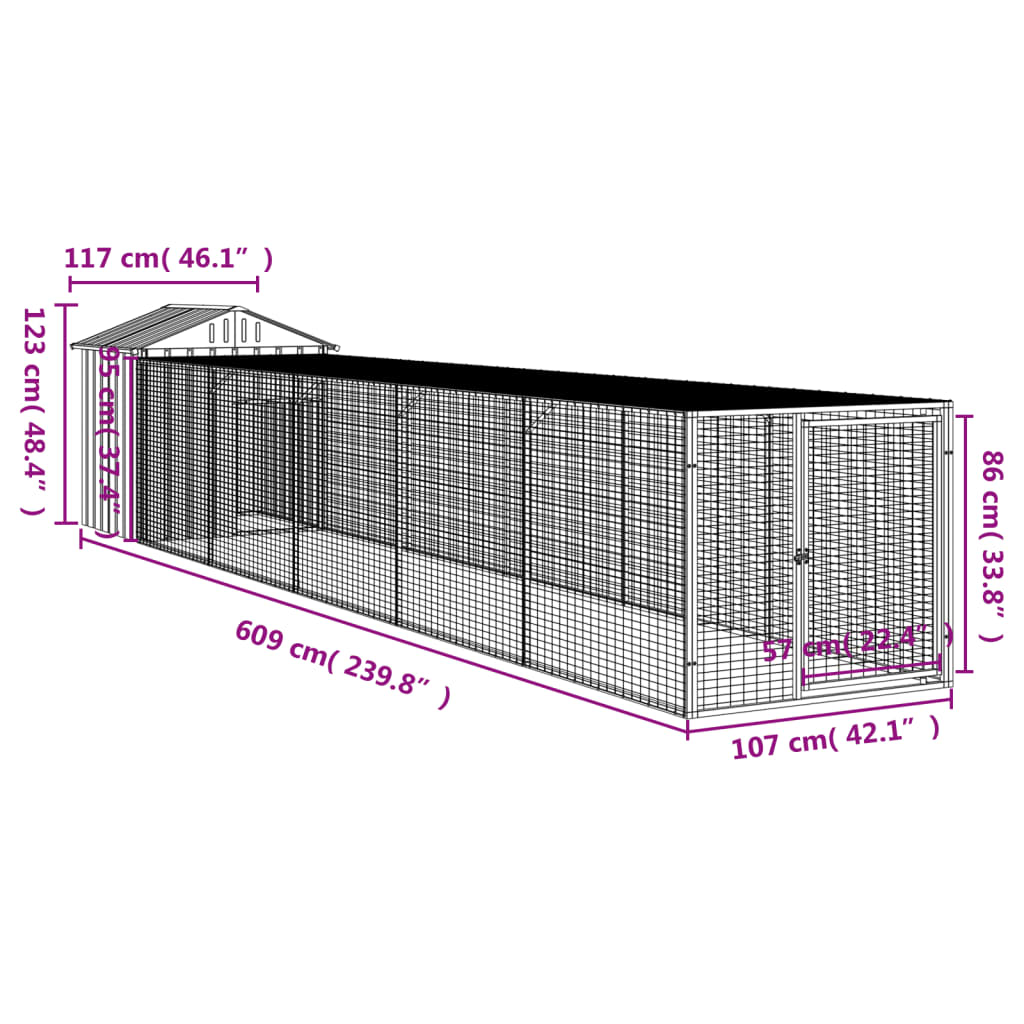 Vidaxl Kurnik Z Wybiegiem, Jasnoszary, 117X609X123 Cm, Stal