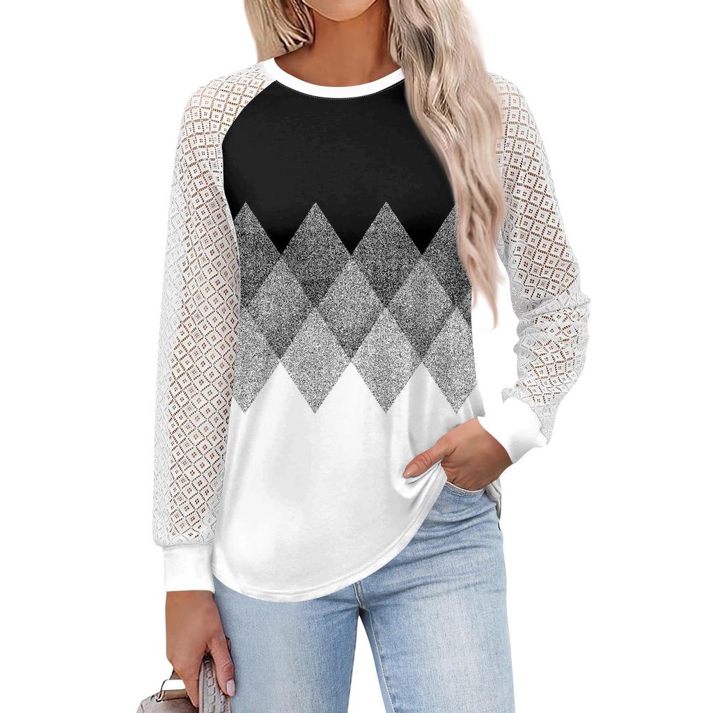 Женские футболки с длинным рукавом, топы с круглым вырезом и кружевом, повседневные блузки, модные топы