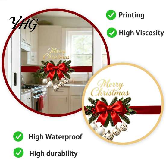 Winter Party Window Ornaments Gold Merry Christmas Clings, Decorative PVC Decals for Holiday Durable Home Glass Decor, Waterproof Removable