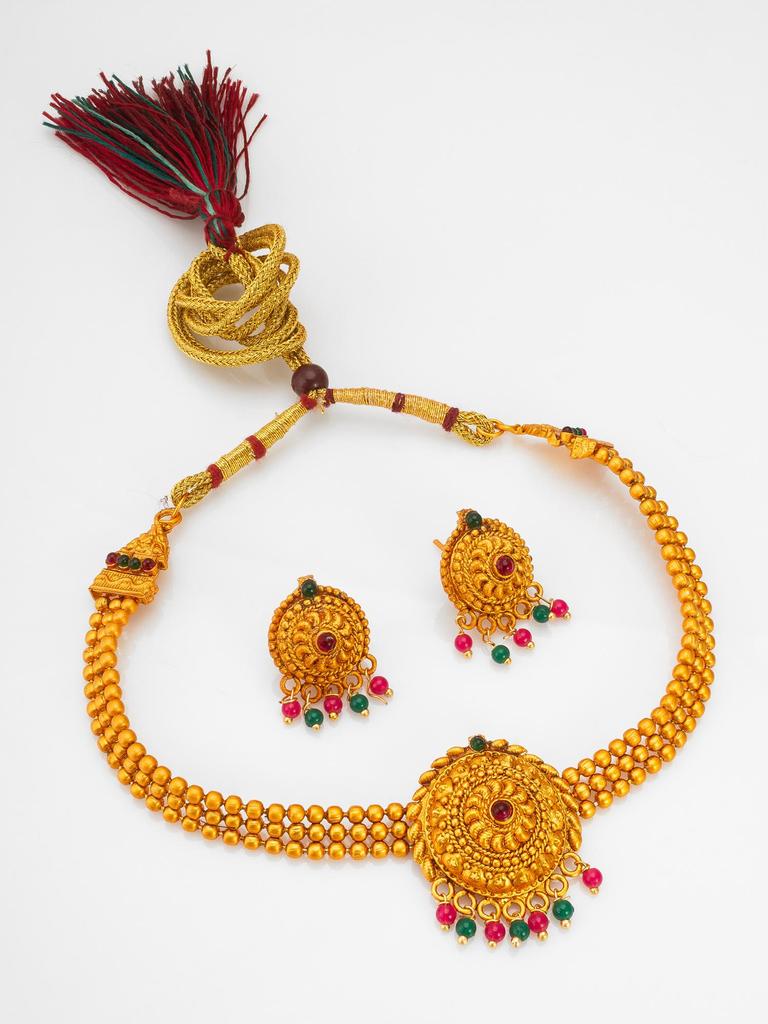 Gold-Plated Multi Stone-Studded & Beaded Temple Jewellery Set