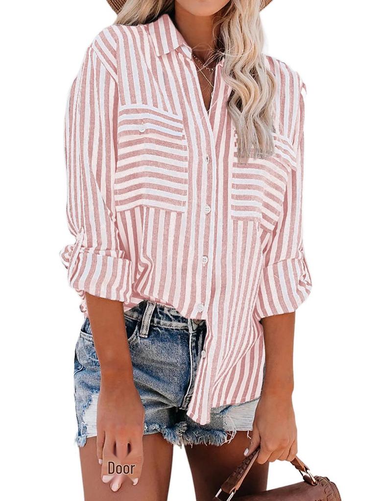 2024 Spring/Summer Women's Striped Cotton-Polyester Long-Sleeve Shirt